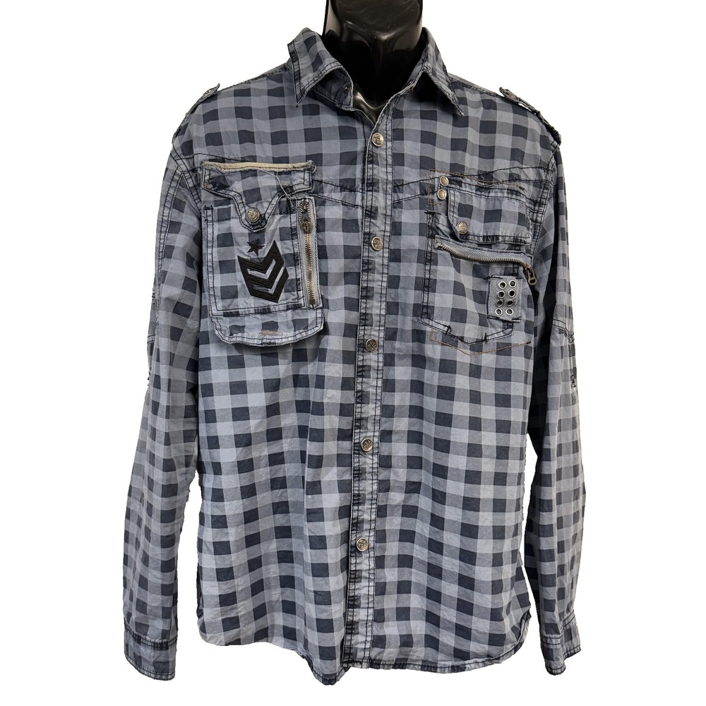 F.U.S.A.I Shirt Mens L Gray Plaid Long Sleeve Western Military Button-Up Casual